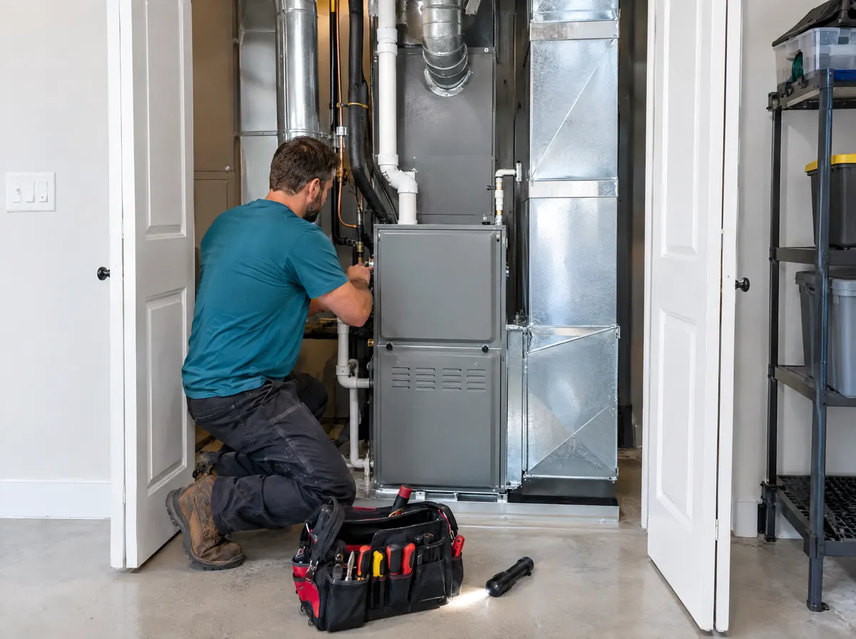 Technician installing a new furnace and air handler in a garage