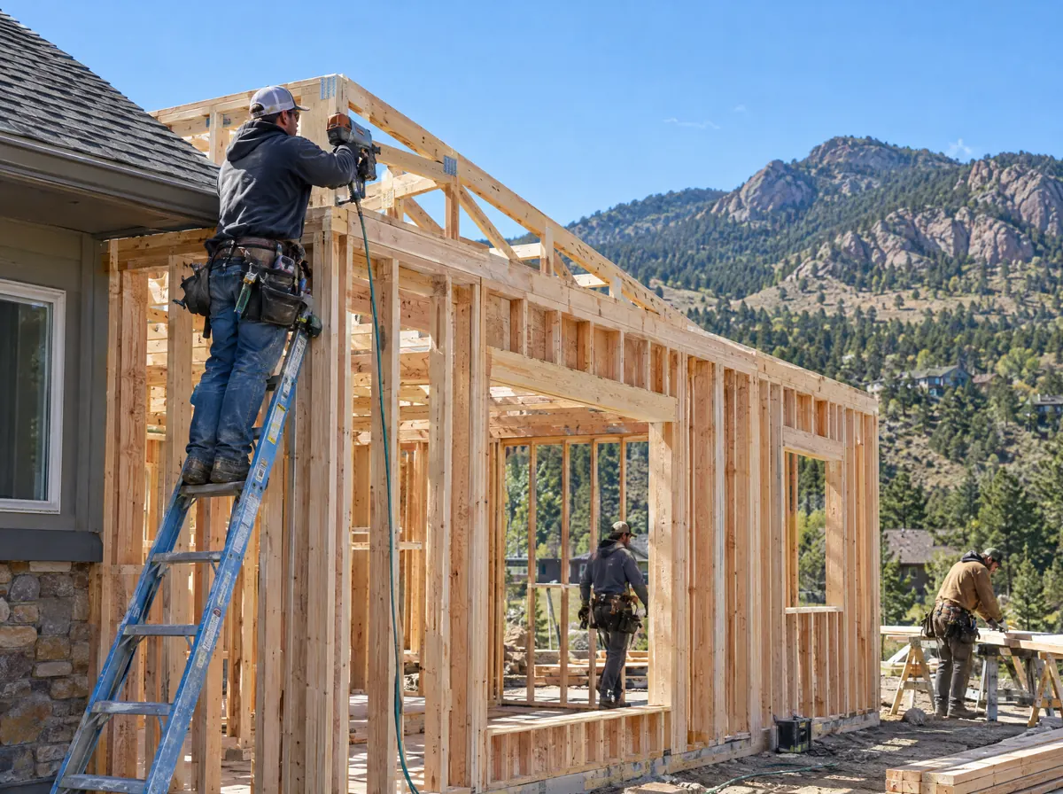 Ridgeline carpenters framing a home addition with the foothills behind