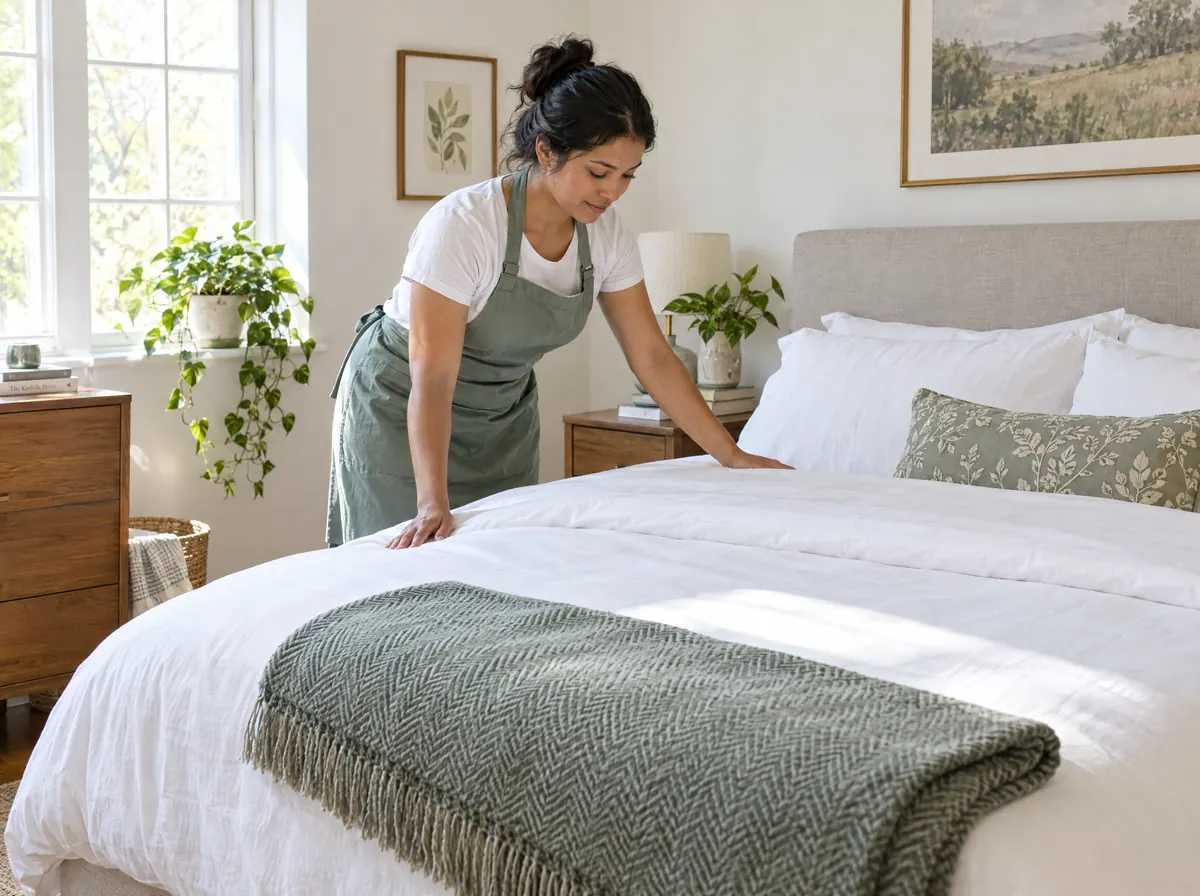 A Sprig cleaner makes a bed with crisp white linen