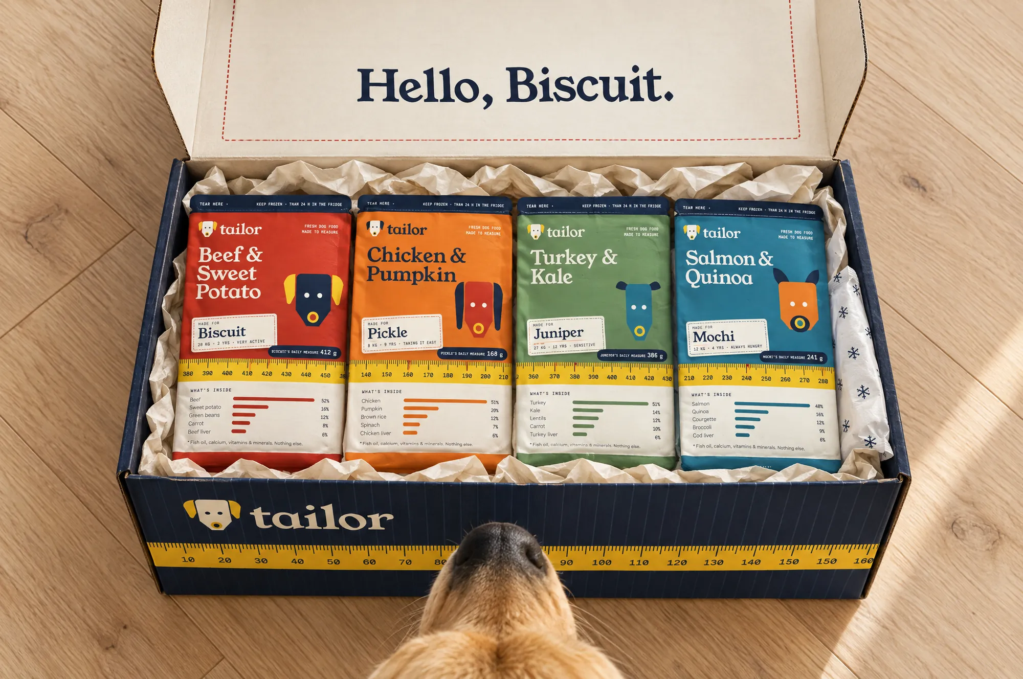 Открыть: Tailor mailer box with four recipe pouches, Hello, Biscuit printed inside the lid, a dog sniffing at the front