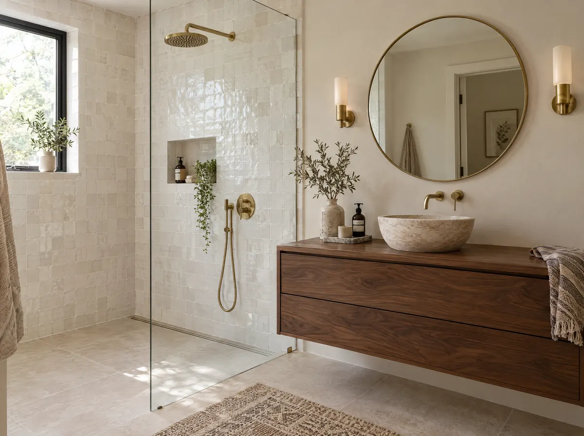 Remodelled bathroom with white zellige shower, brass fixtures and a walnut vanity