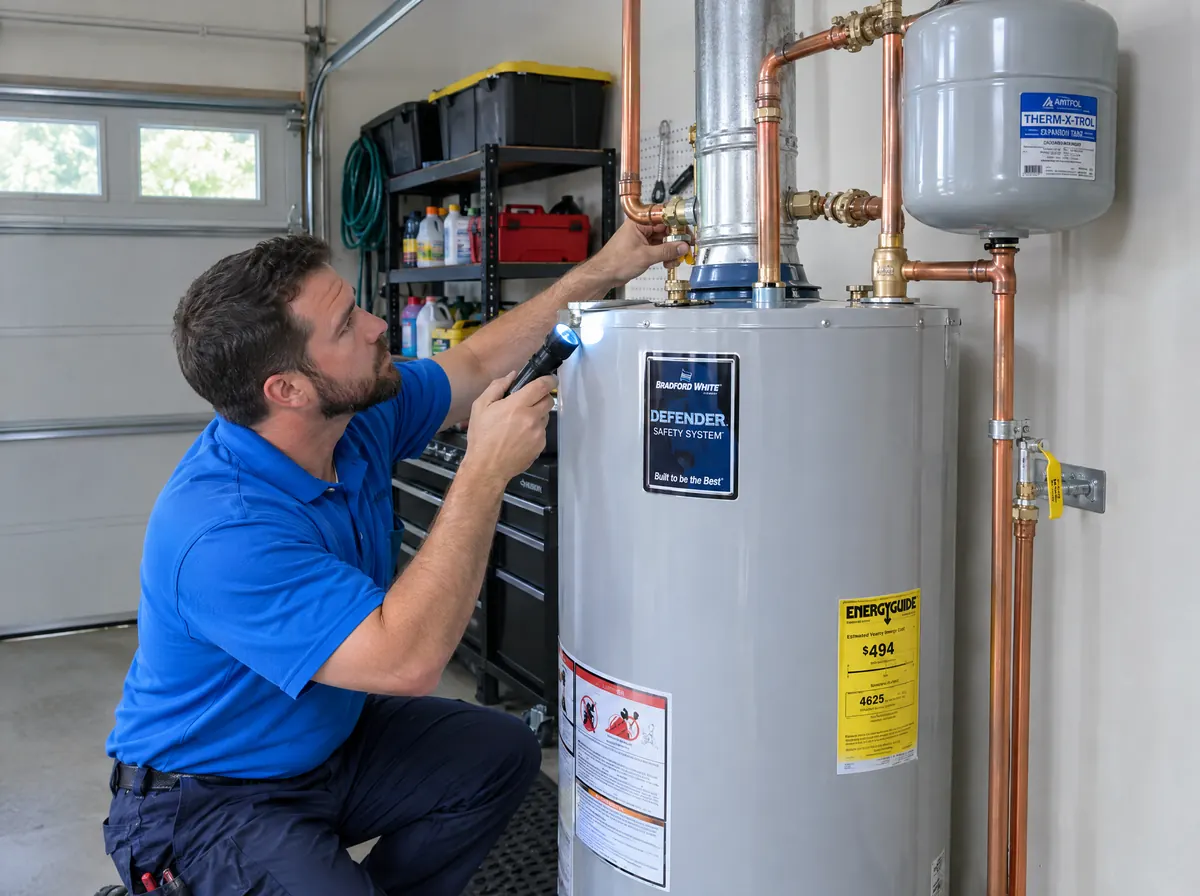 Plumber checking a new tank water heater in a garage