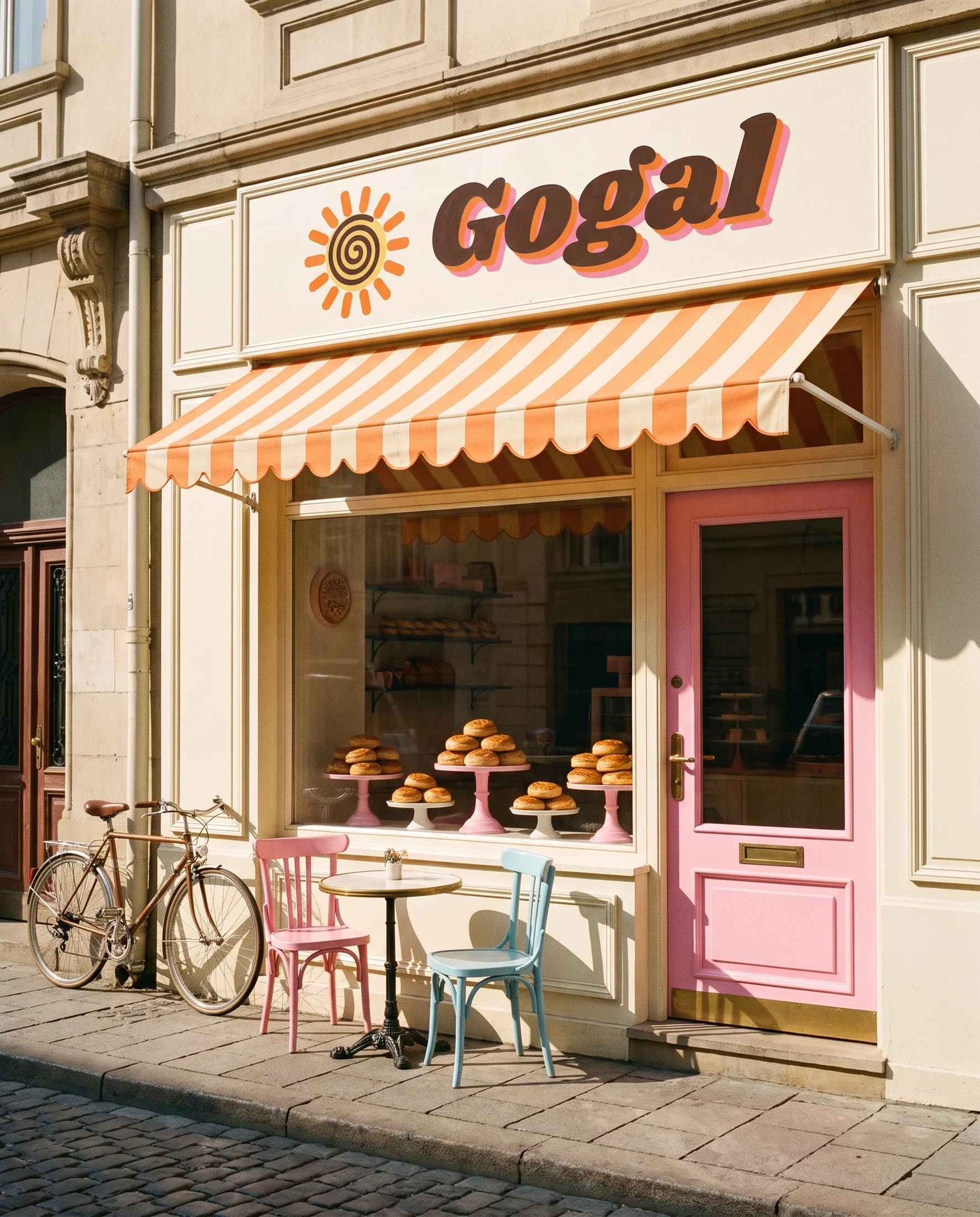The Gogal shop front with a striped awning and a pink door
