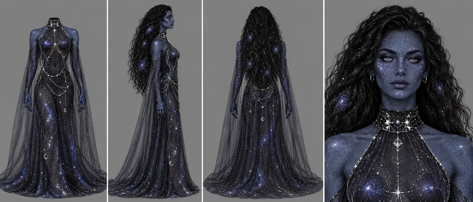 Nyx character sheet: front, side, back and portrait