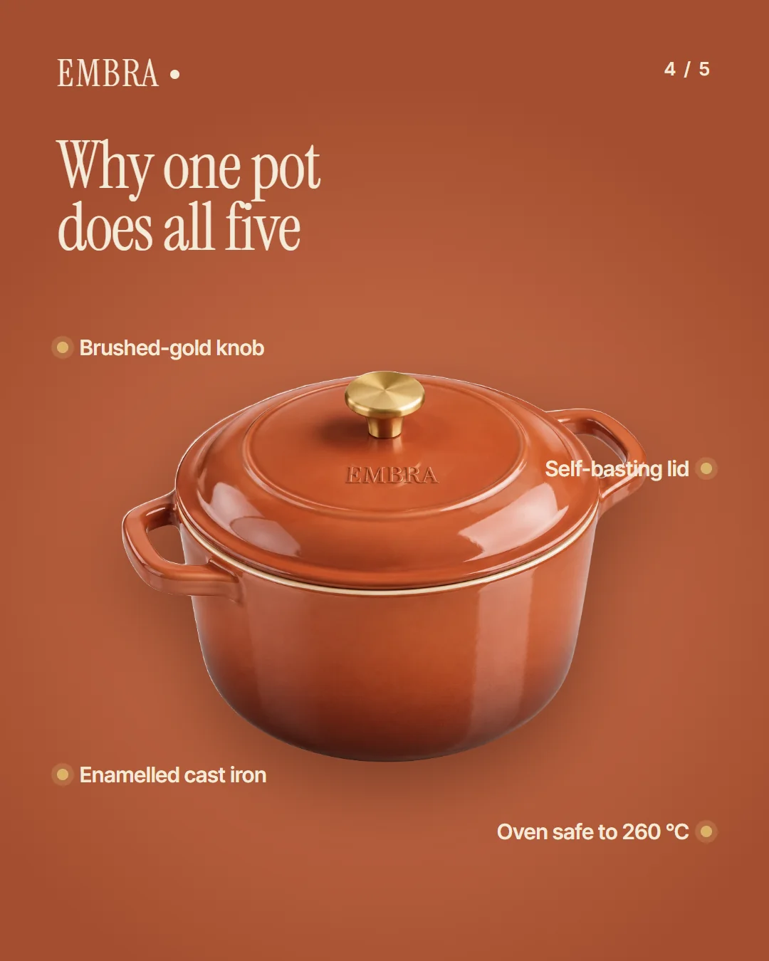 Card 4: Why one pot does all five. Enamelled cast iron, self-basting lid, gold knob, oven safe to 260 °C.