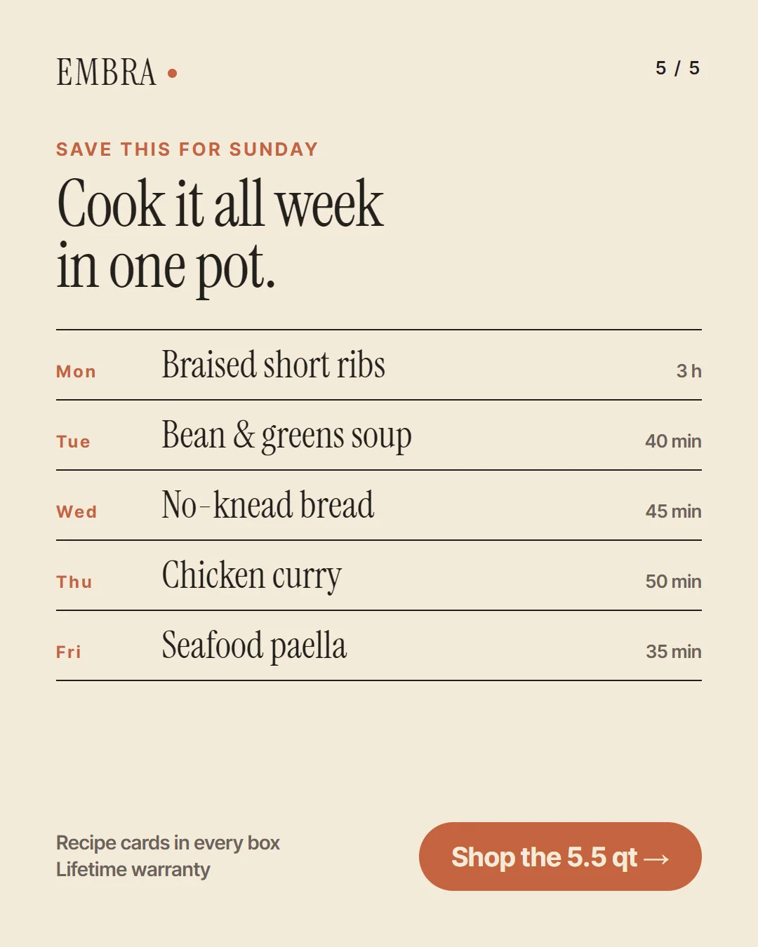 Card 5: Cook it all week in one pot. Five-day plan, recipe cards in every box, Shop the 5.5 qt.