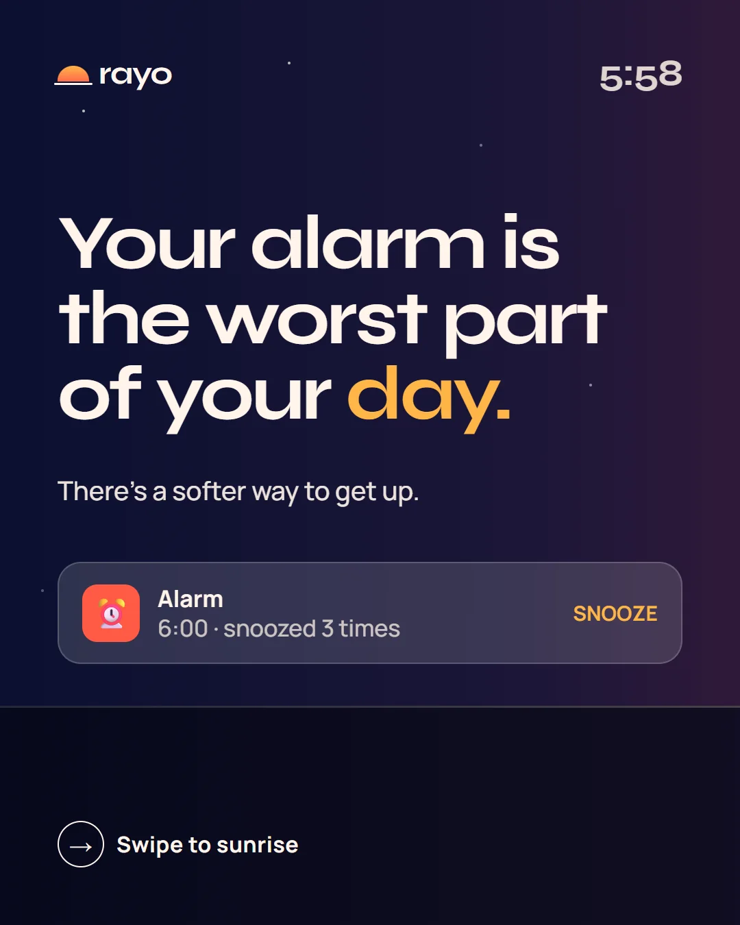 Card 1: Your alarm is the worst part of your day. Night sky, alarm snoozed 3 times.