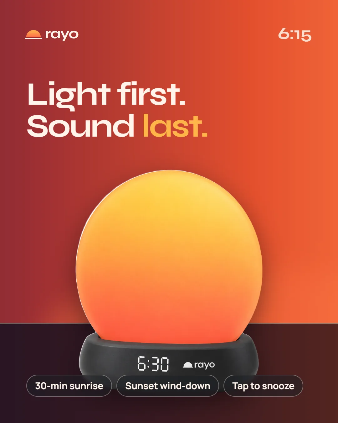 Card 3: Light first, sound last. The Rayo lamp glowing orange on the horizon.