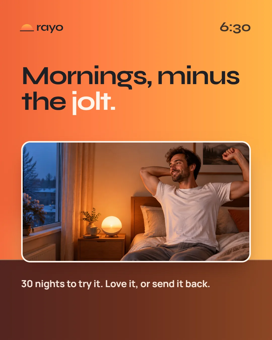 Card 4: Mornings, minus the jolt. A man stretching in warm morning light. 30-night trial.