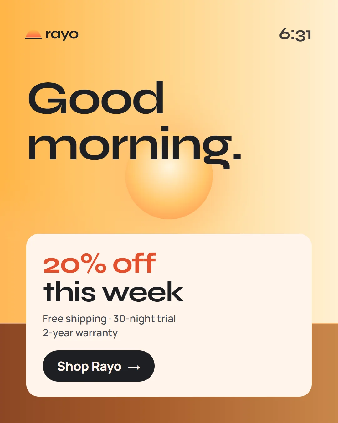 Card 5: Good morning. 20% off this week, free shipping, Shop Rayo.