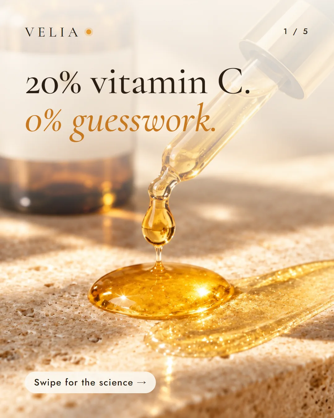 Card 1: 20% vitamin C, 0% guesswork. A golden drop falling from a pipette.