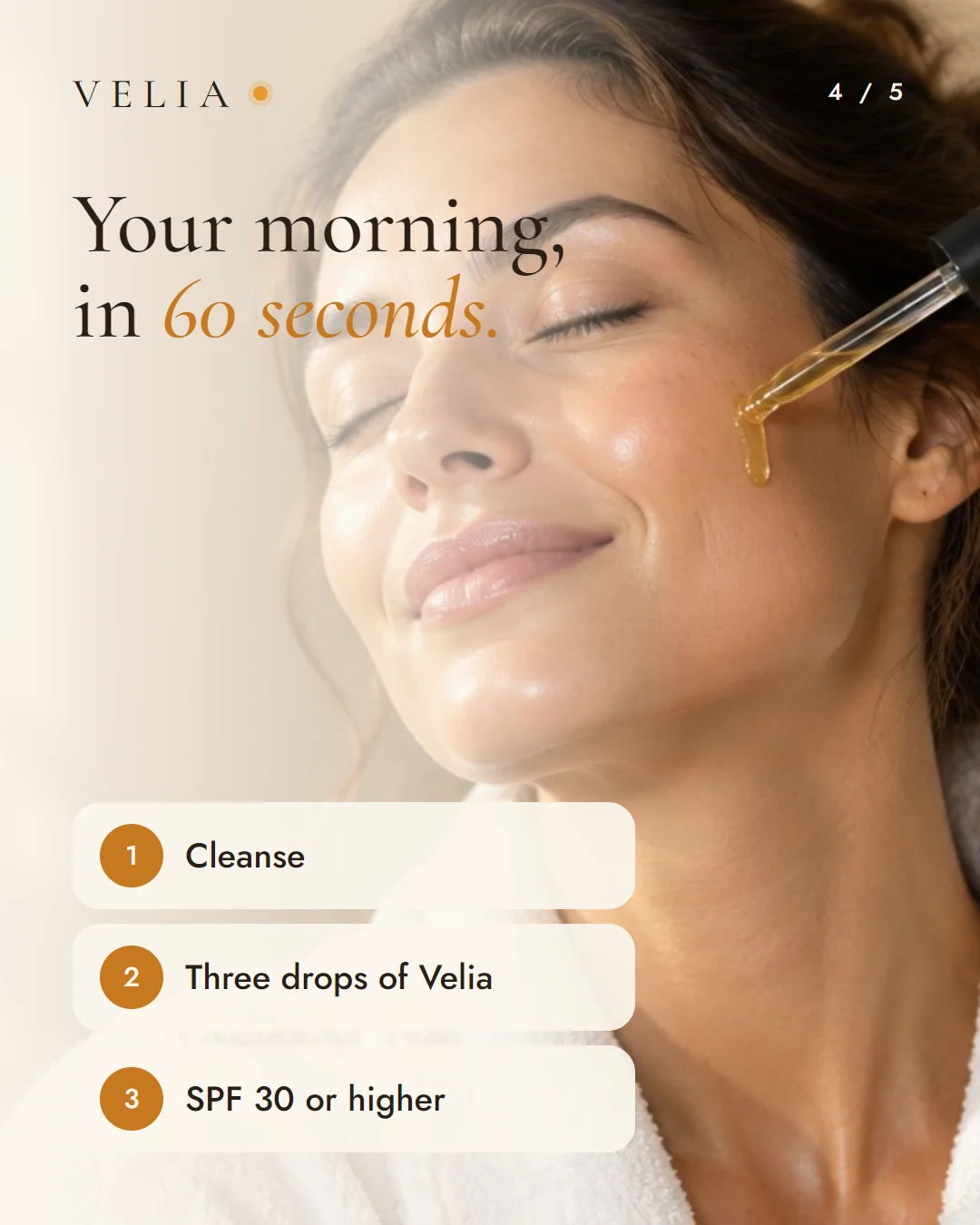 Card 4: Your morning in 60 seconds. Cleanse, three drops of Velia, SPF 30 or higher.