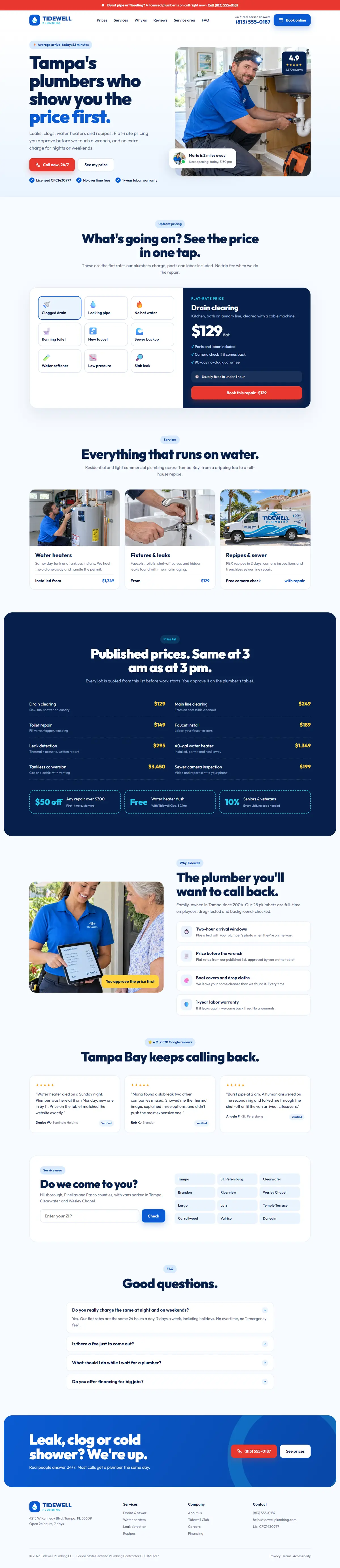Tidewell Plumbing website, full desktop page