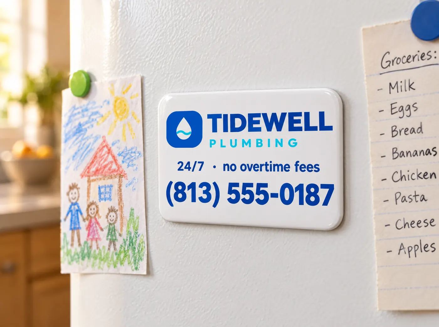 Tidewell fridge magnet with the phone number next to a child's drawing