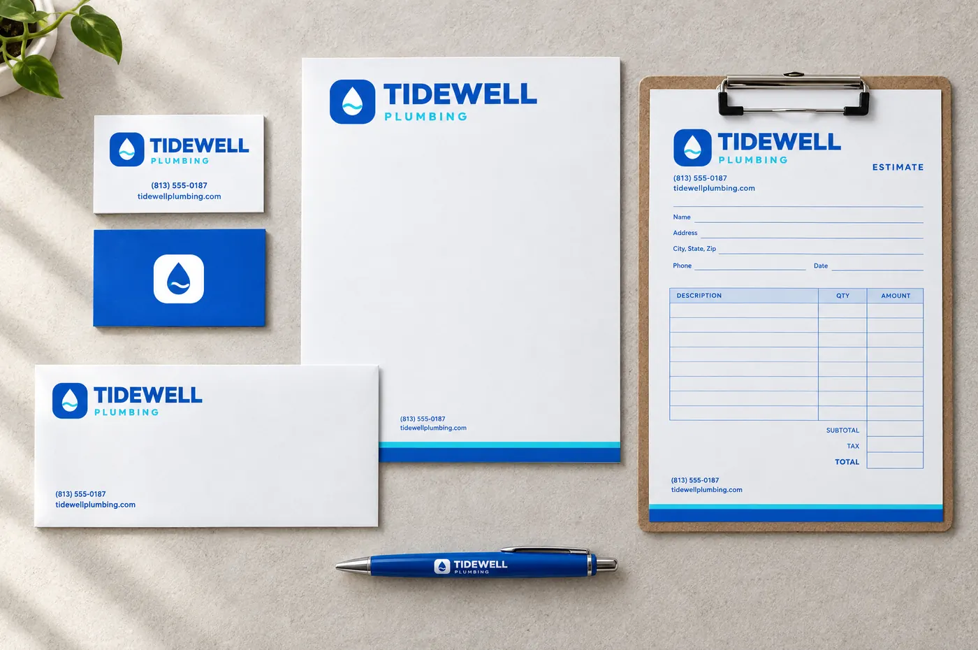 Tidewell business cards, letterhead, envelope, estimate form on a clipboard and a pen