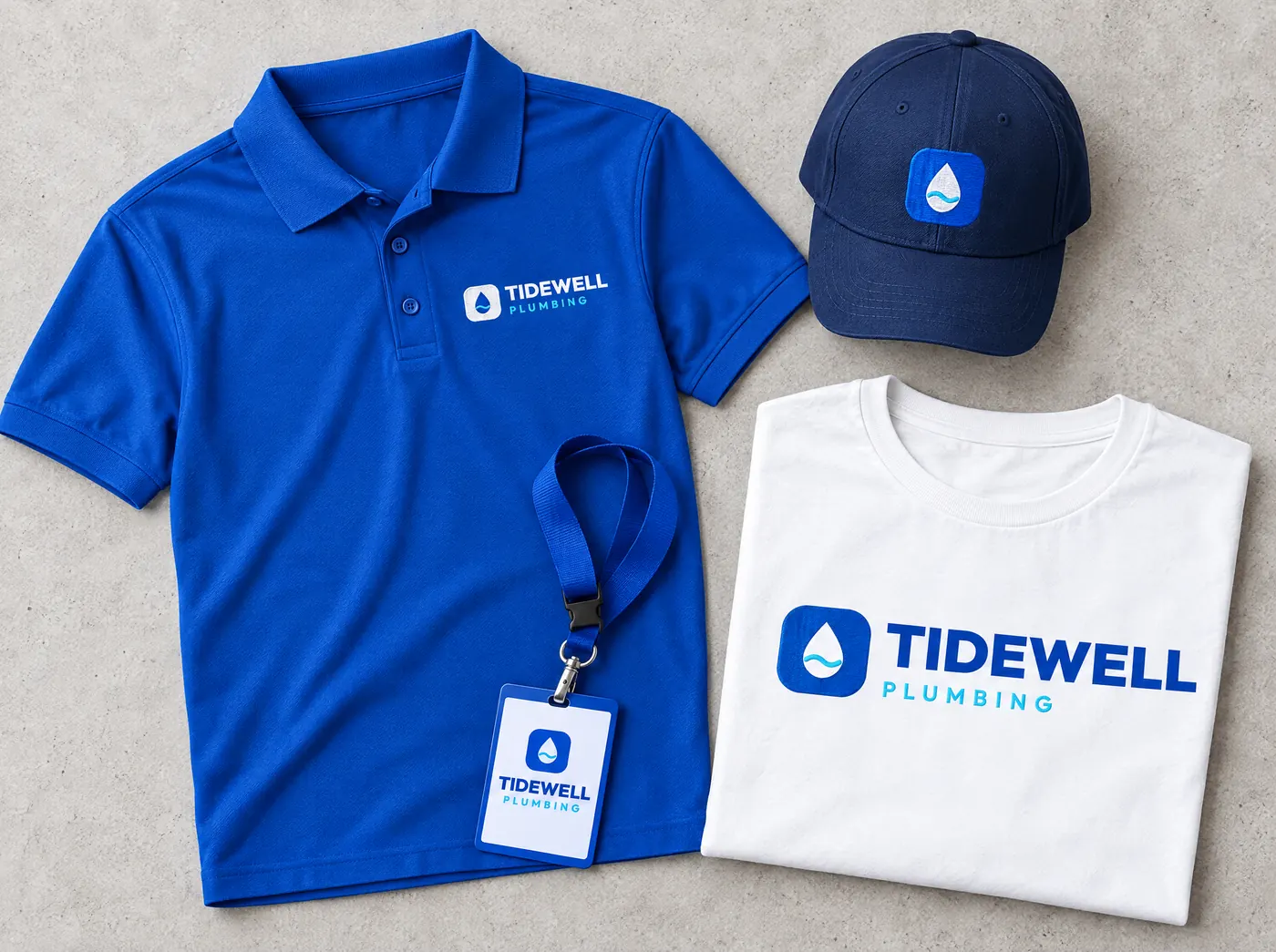 Blue Tidewell polo, navy cap with the drop mark, white t-shirt and an ID badge