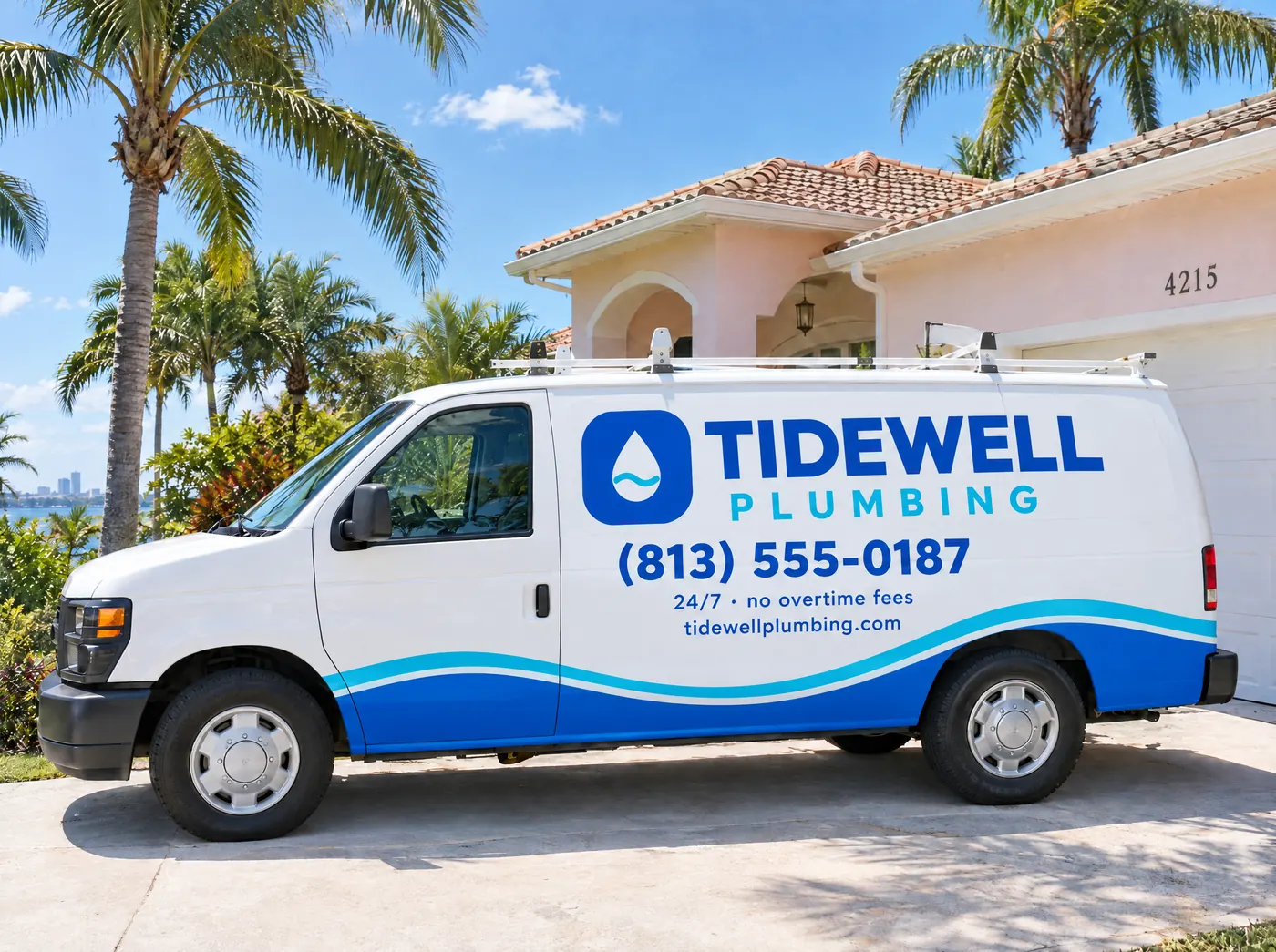White Tidewell Plumbing van with the logo, phone number and a blue wave band, parked in a Tampa driveway
