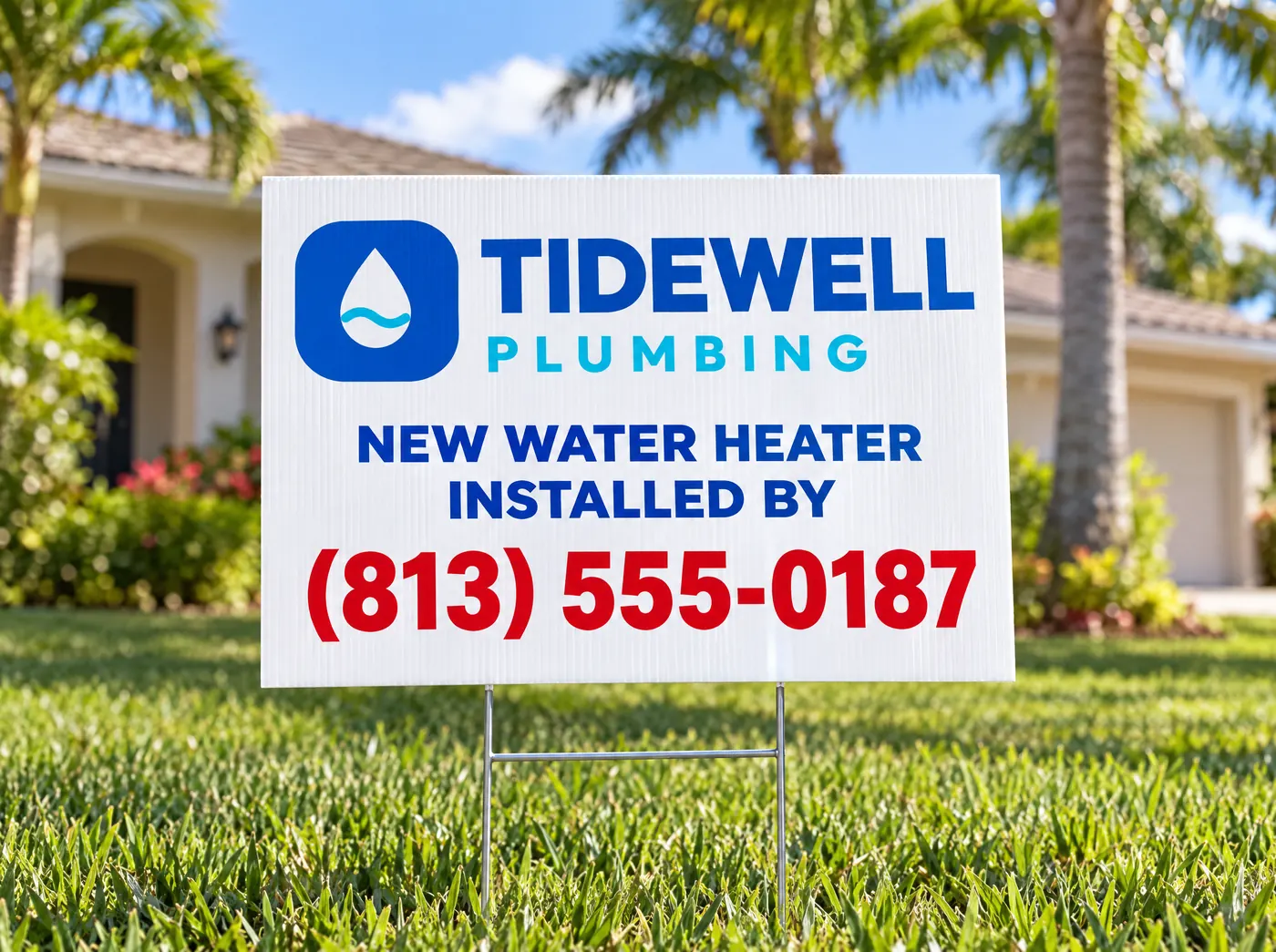 Tidewell yard sign in a Florida front lawn: new water heater installed by Tidewell