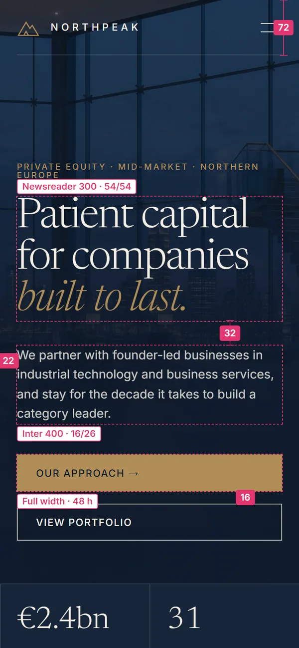 Mobile hero redline: 22 side margin, nav 72, headline 54, stacked full-width buttons