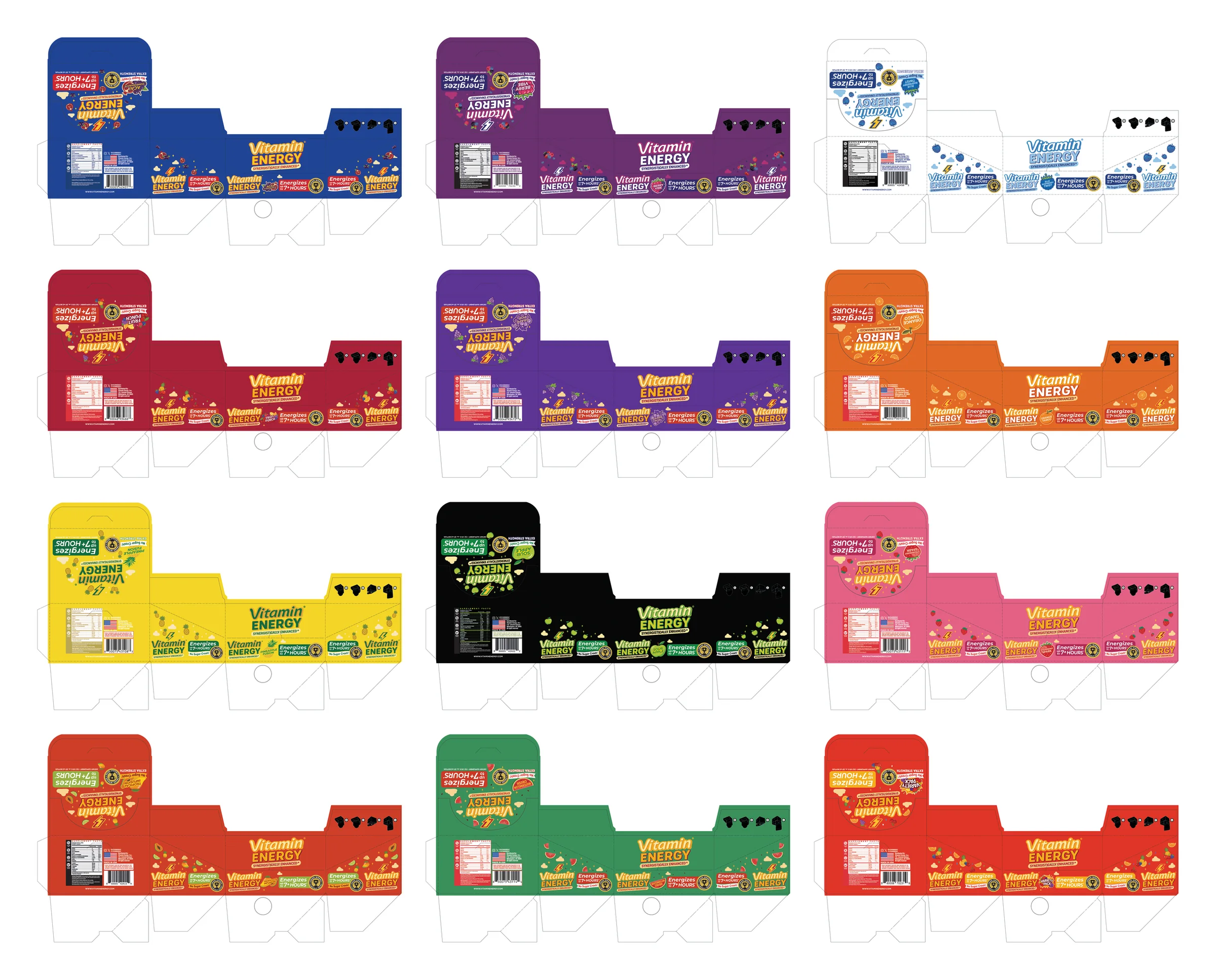 Twelve flavour versions of the same display carton dieline