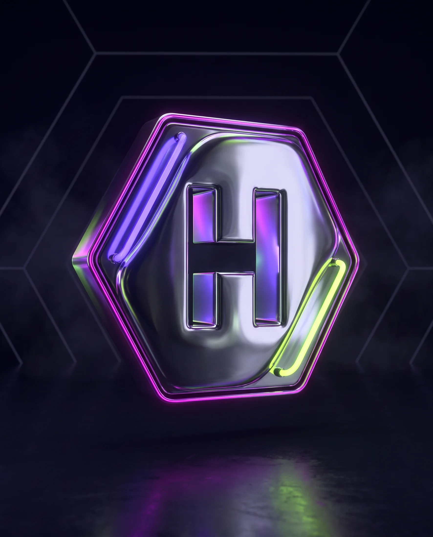 Chrome Hexa Arena mark with violet and lime neon reflections