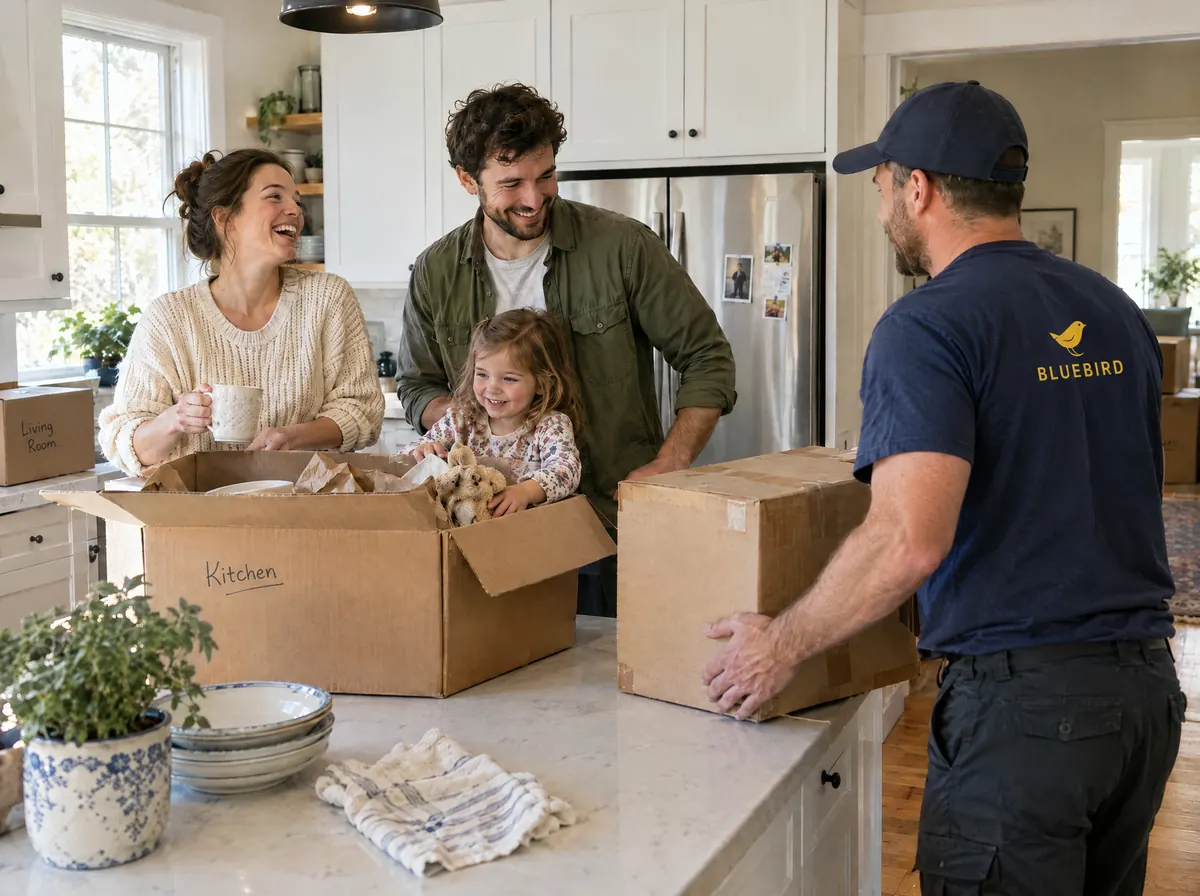 A family unpacks in their new kitchen while a mover sets down a box