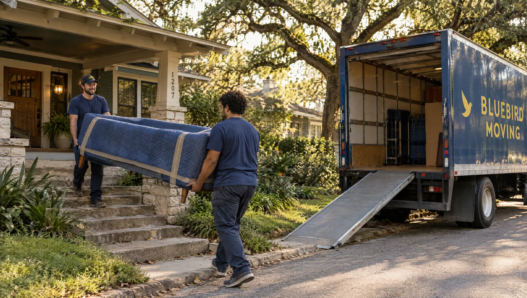 Two Bluebird movers carry a wrapped sofa from a craftsman bungalow to the moving truck