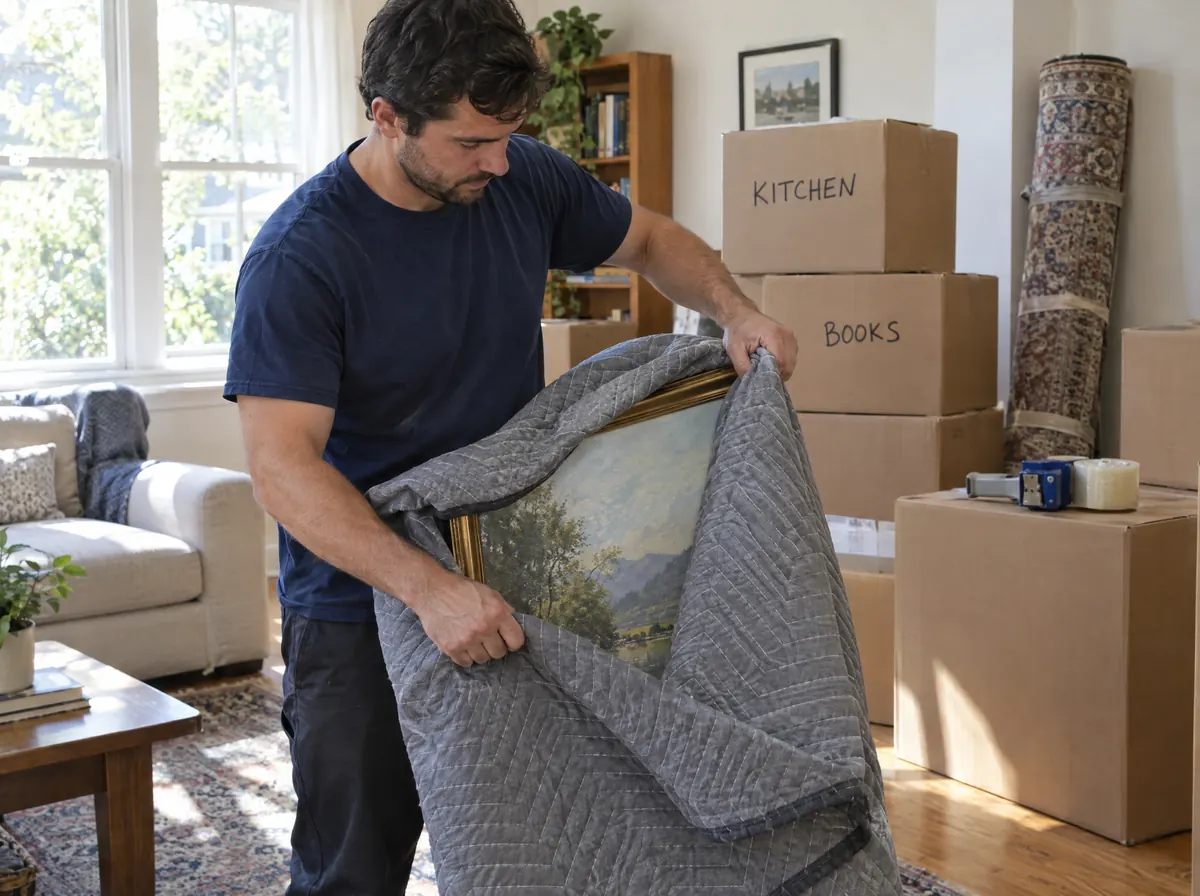 A Bluebird mover wraps a framed painting in a moving blanket next to labelled boxes