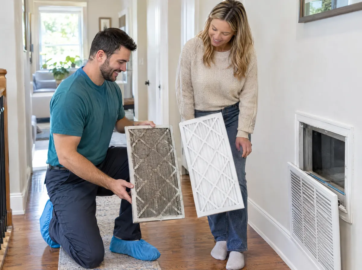 Technician shows a homeowner the old dirty filter next to a new one