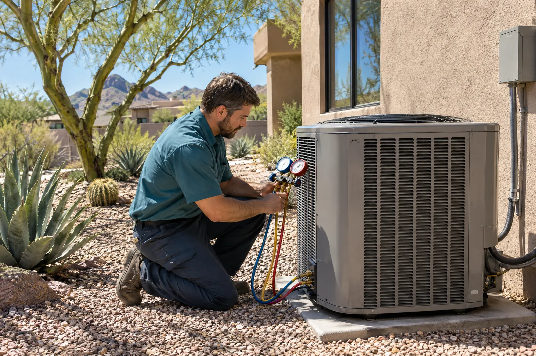 A Coolspring technician checks a new AC condenser beside a desert-modern home in Phoenix