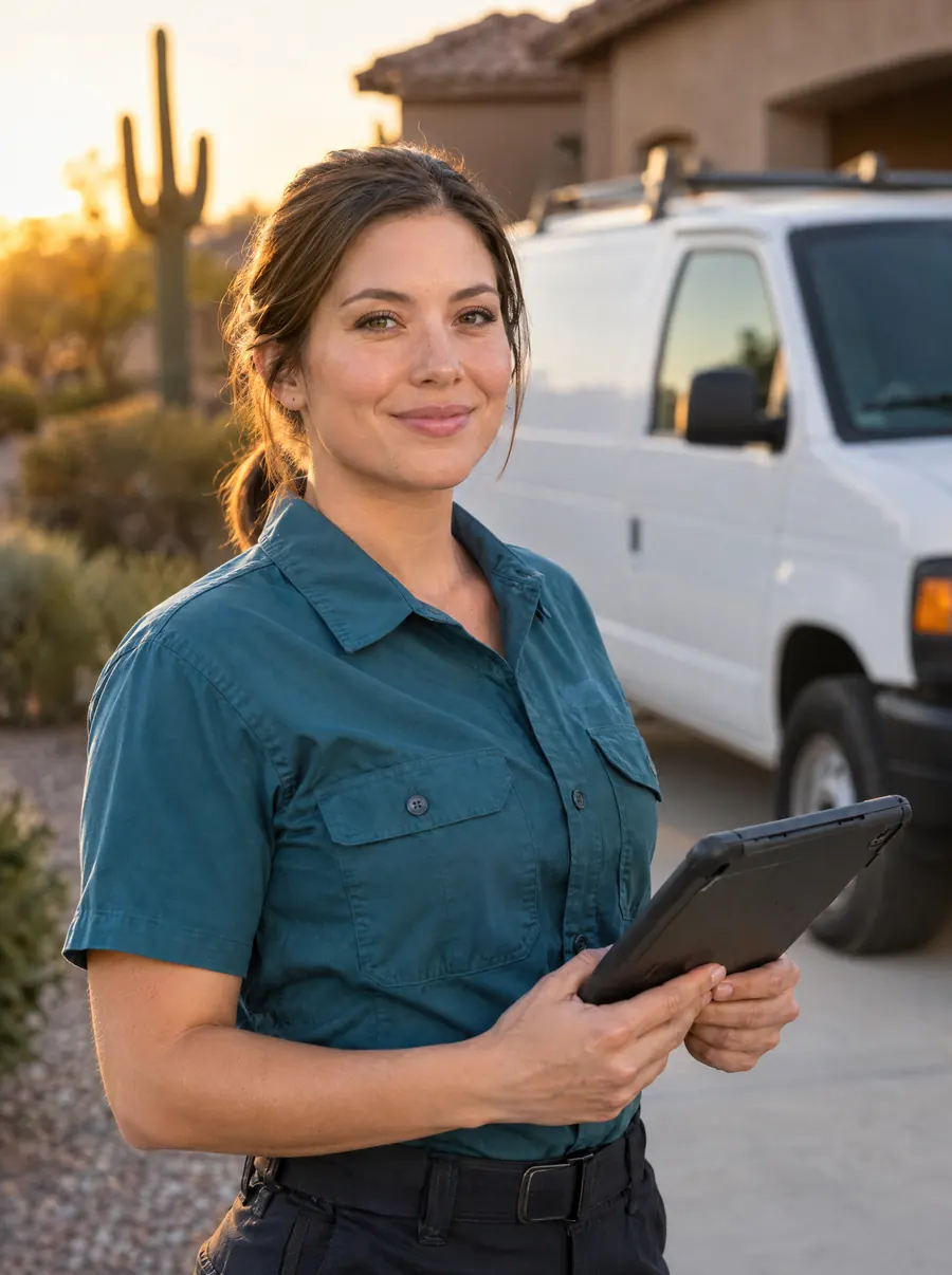 Coolspring technician Ana with a tablet in a Phoenix driveway
