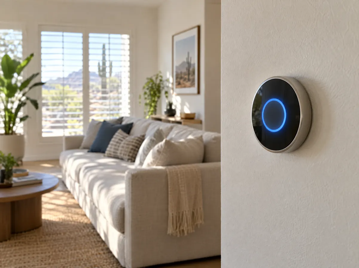 Smart thermostat glowing on a living-room wall