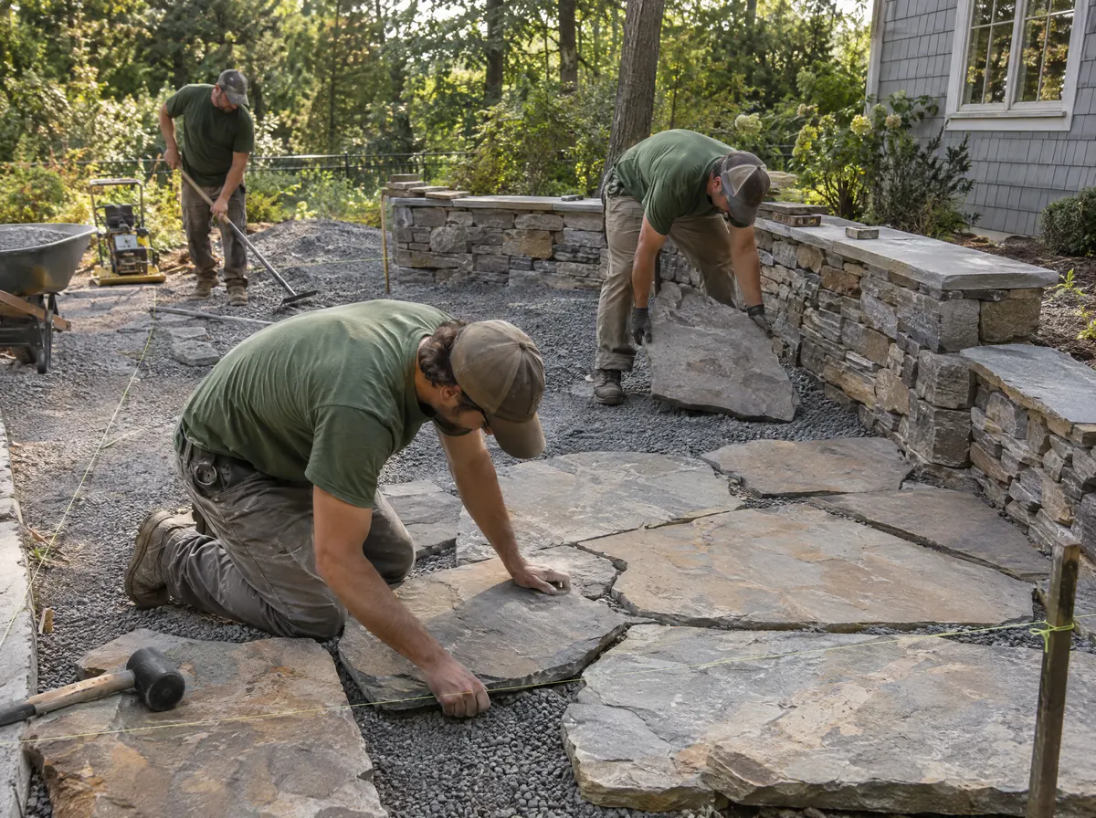 Crew laying flagstone pavers for a new patio