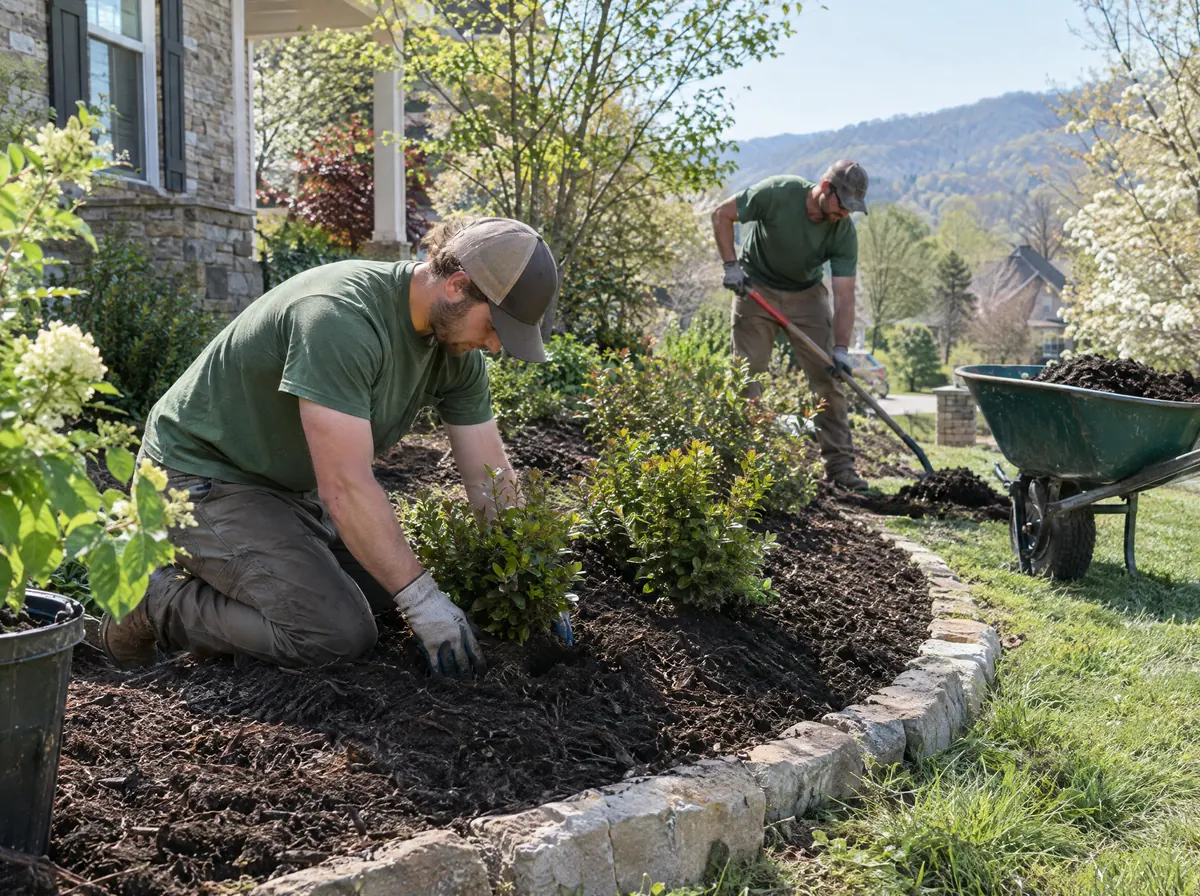 Two landscapers planting shrubs and mulching a curved bed