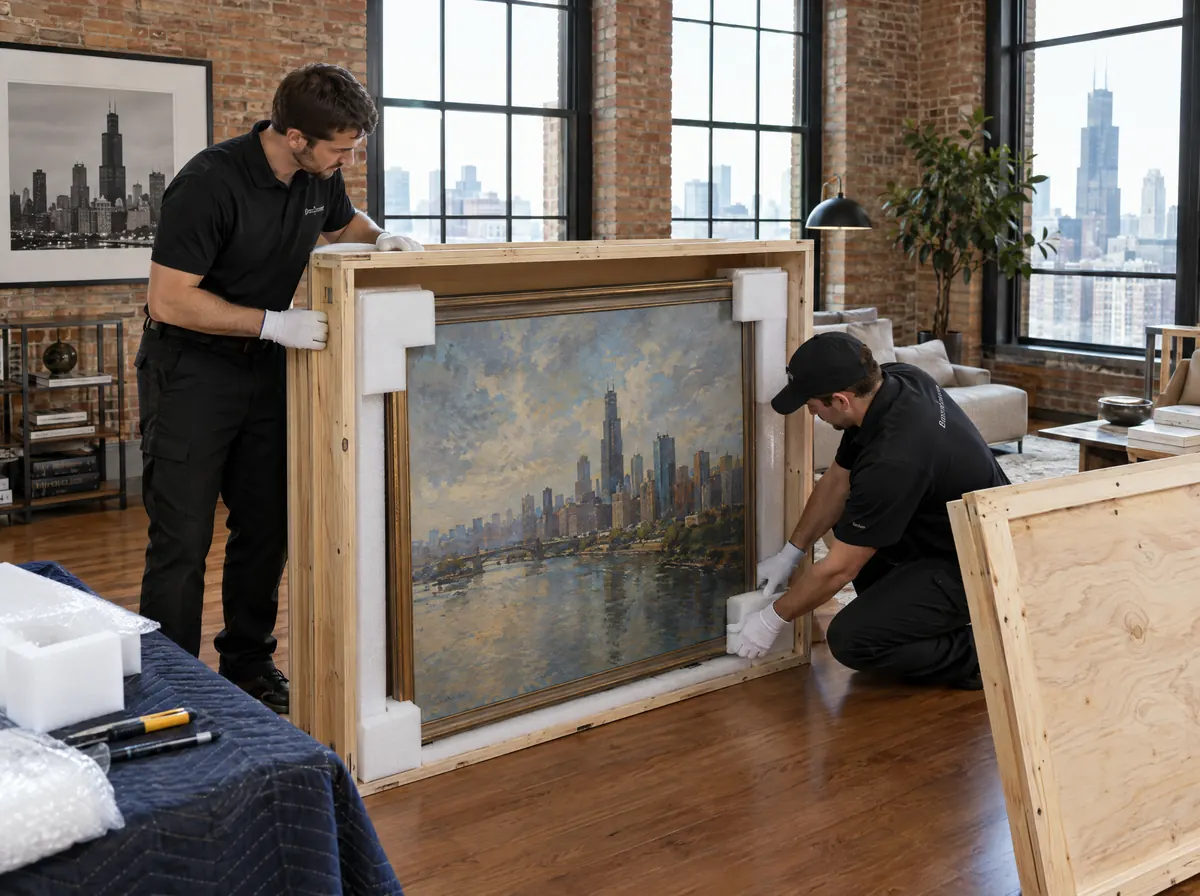 Two white-glove movers crate a large painting in a Chicago loft