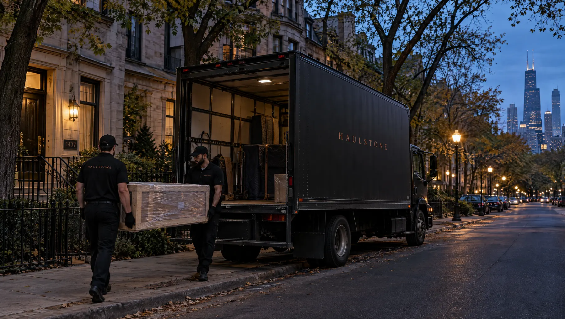 A black Haulstone moving truck on a Lincoln Park street at dusk while two crew members carry a wooden crate