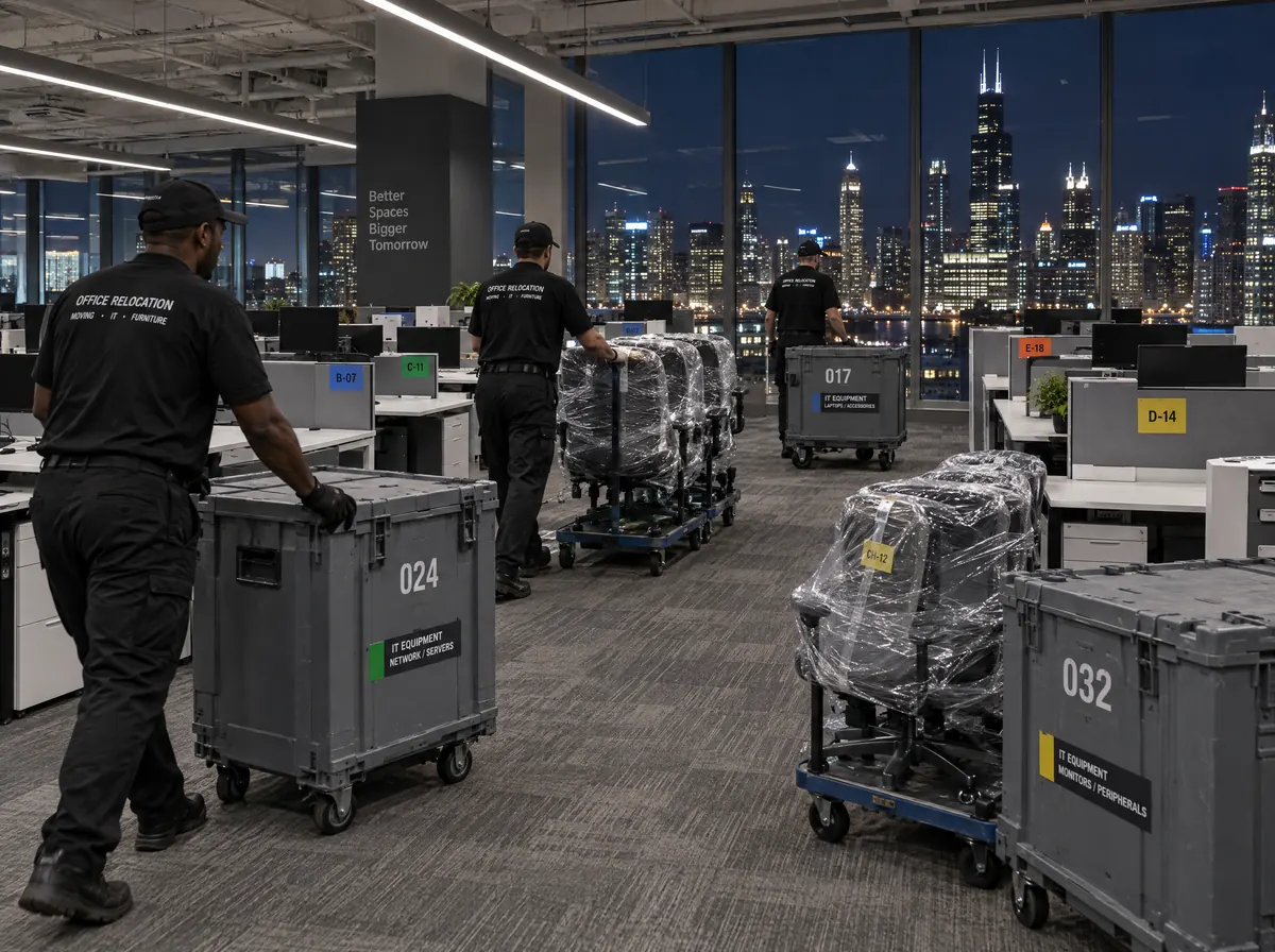 Crew moving numbered IT crates through a downtown office at night