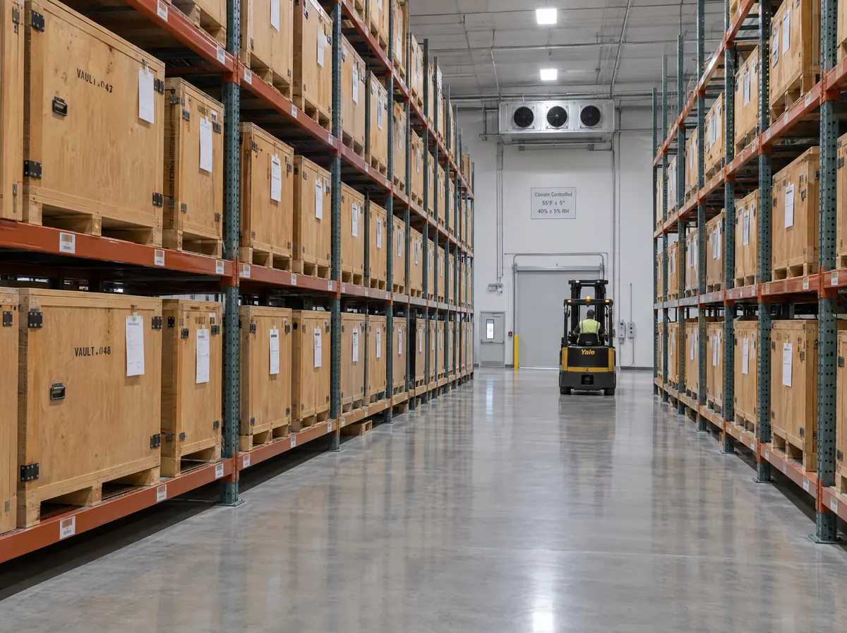 Rows of wooden storage vaults on steel racks in the Haulstone warehouse