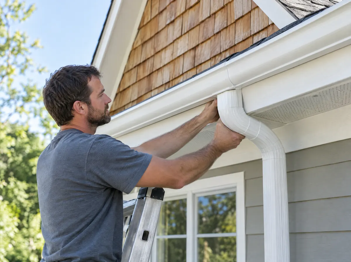 Worker fitting a new seamless white gutter and downspout