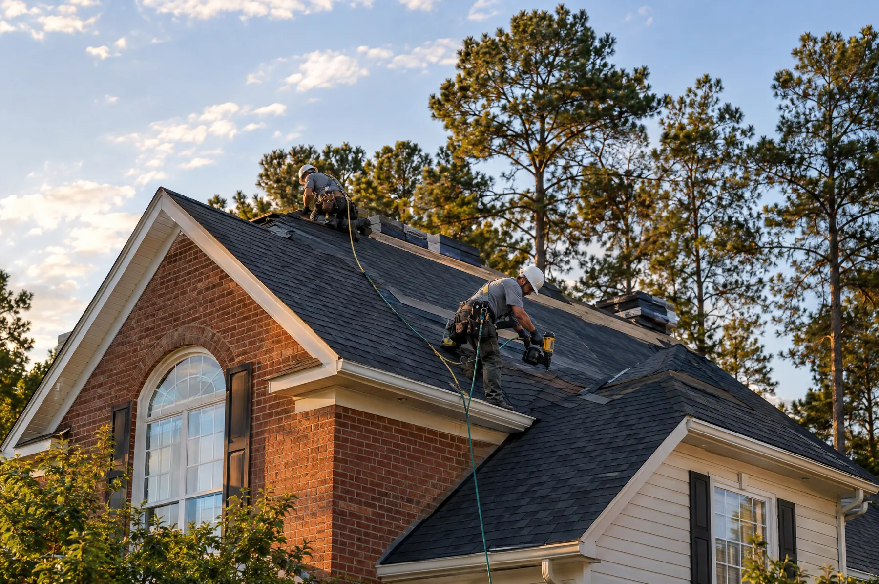 Roofers installing architectural shingles on a two-story brick home