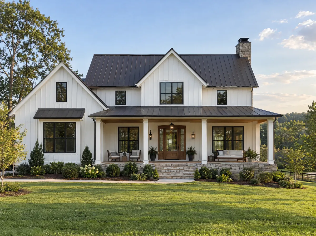 Modern farmhouse with a new dark bronze standing-seam metal roof