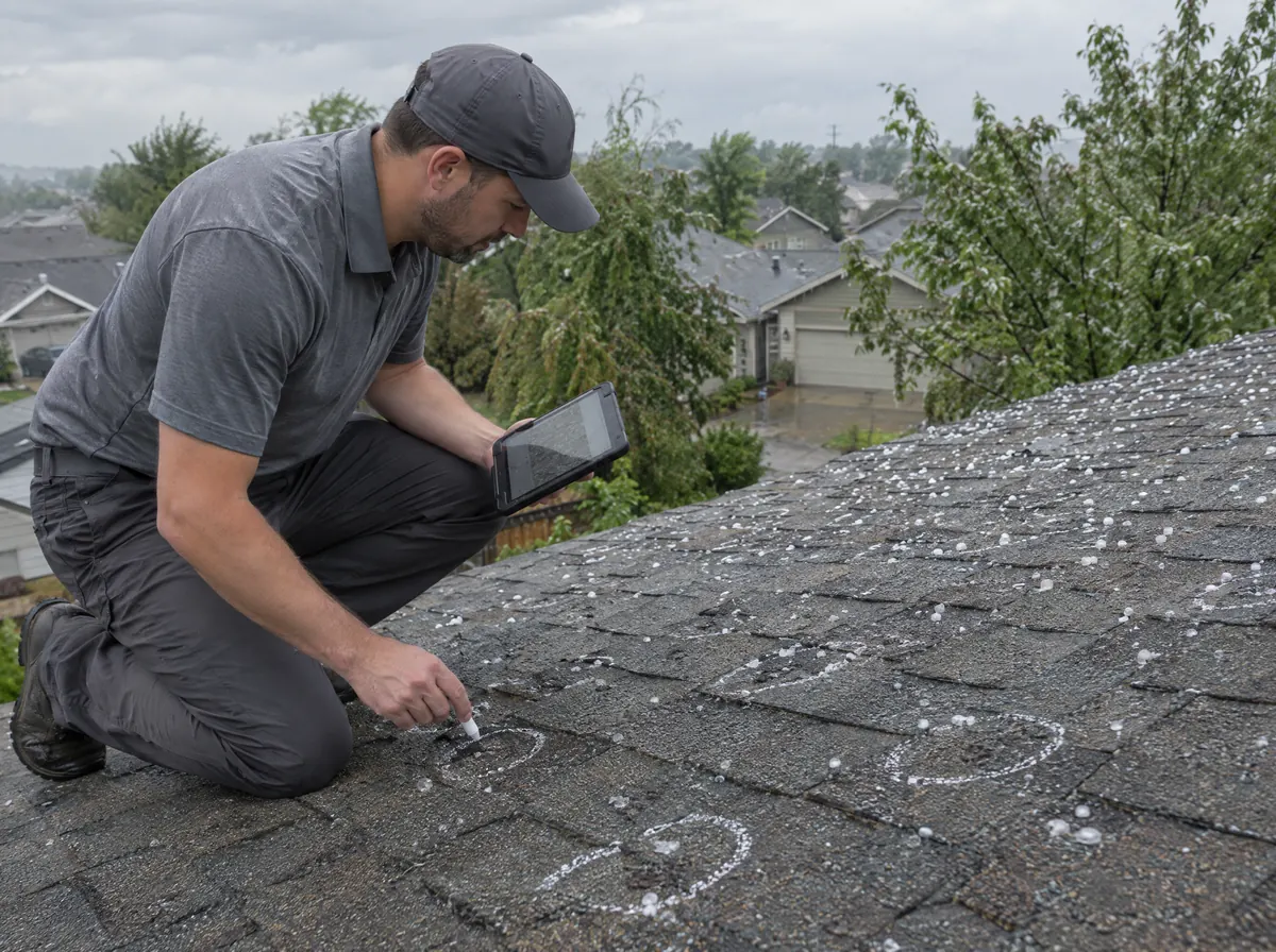 Inspector marking hail hits with chalk on a shingle roof