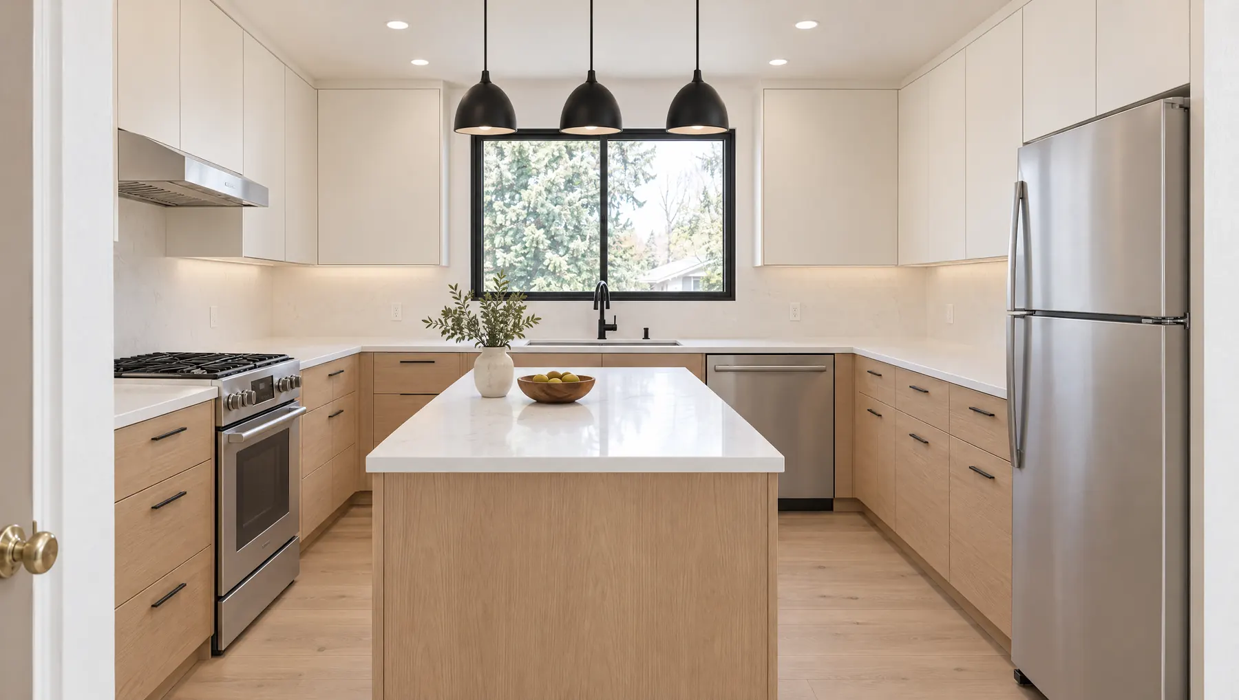 Remodelled kitchen with white oak cabinets, quartz island and black pendant lights