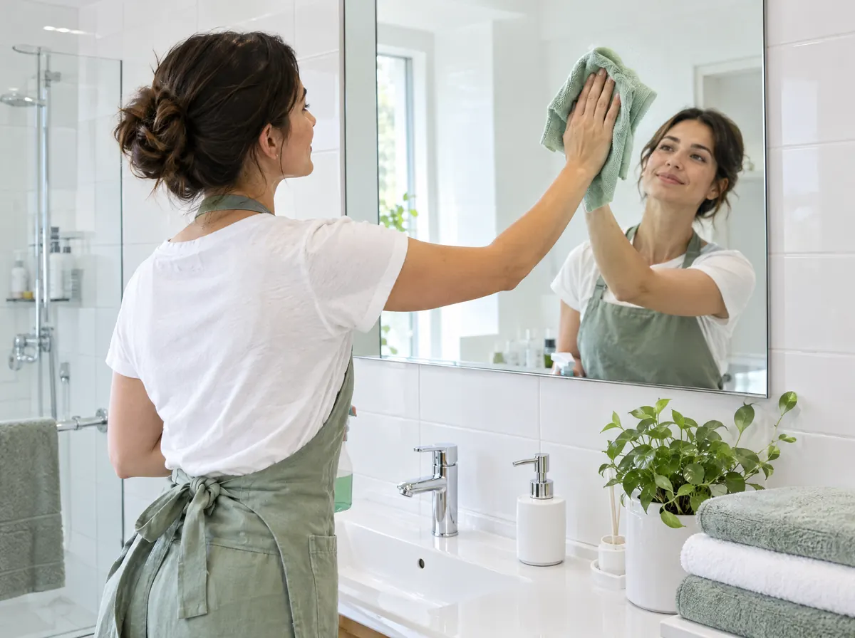A Sprig cleaner wipes the mirror in a spotless bathroom