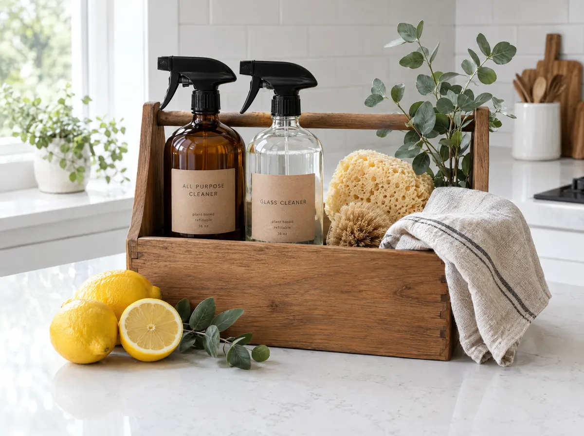 Refillable amber and clear glass spray bottles in a wooden caddy with lemons