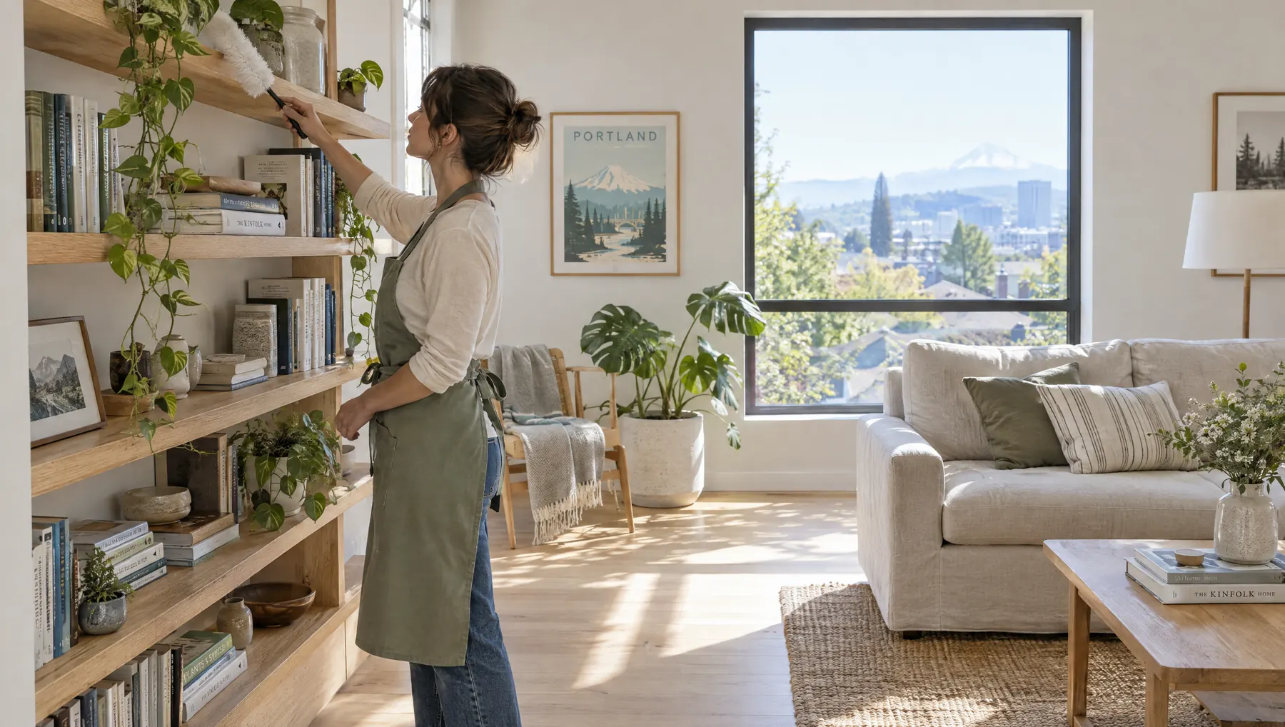 A Sprig cleaner in a sage apron dusts oak shelves in a bright living room