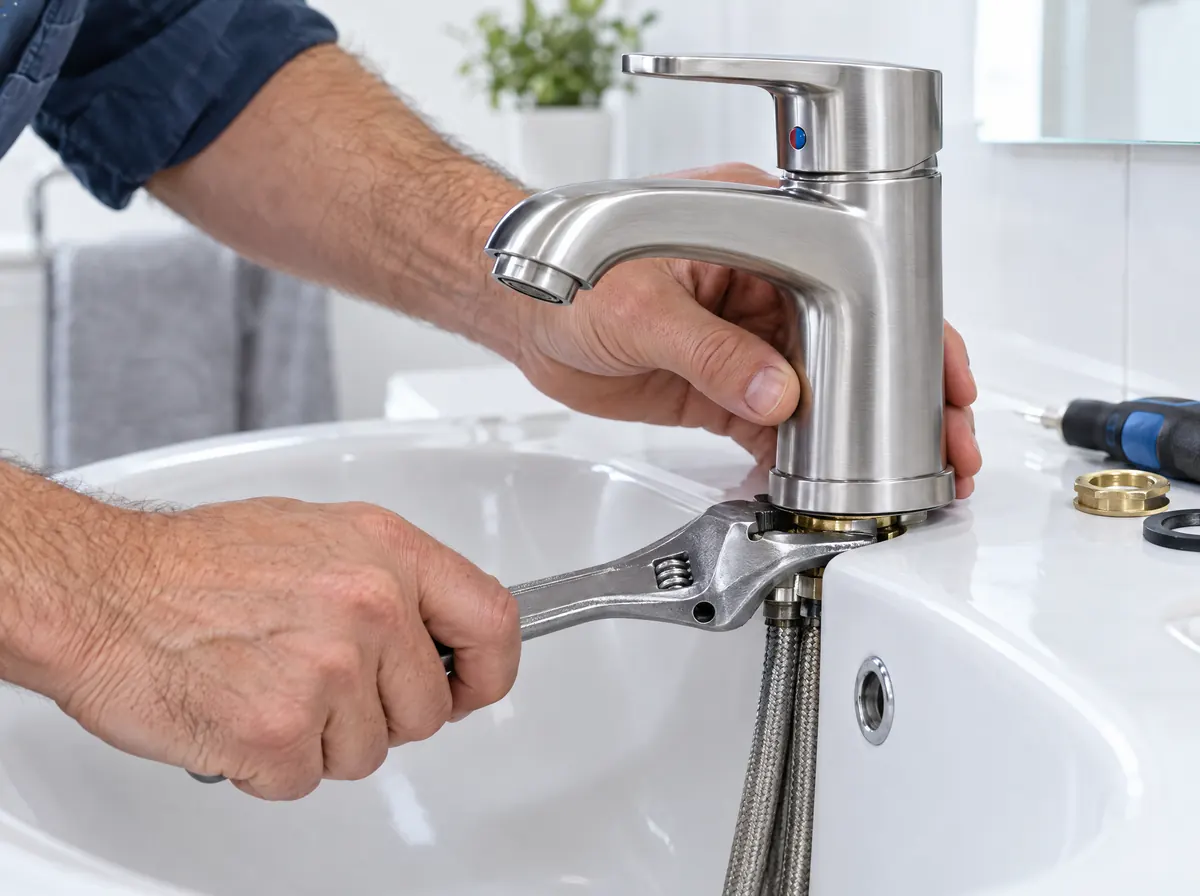 Plumber installing a new chrome faucet on a bathroom sink