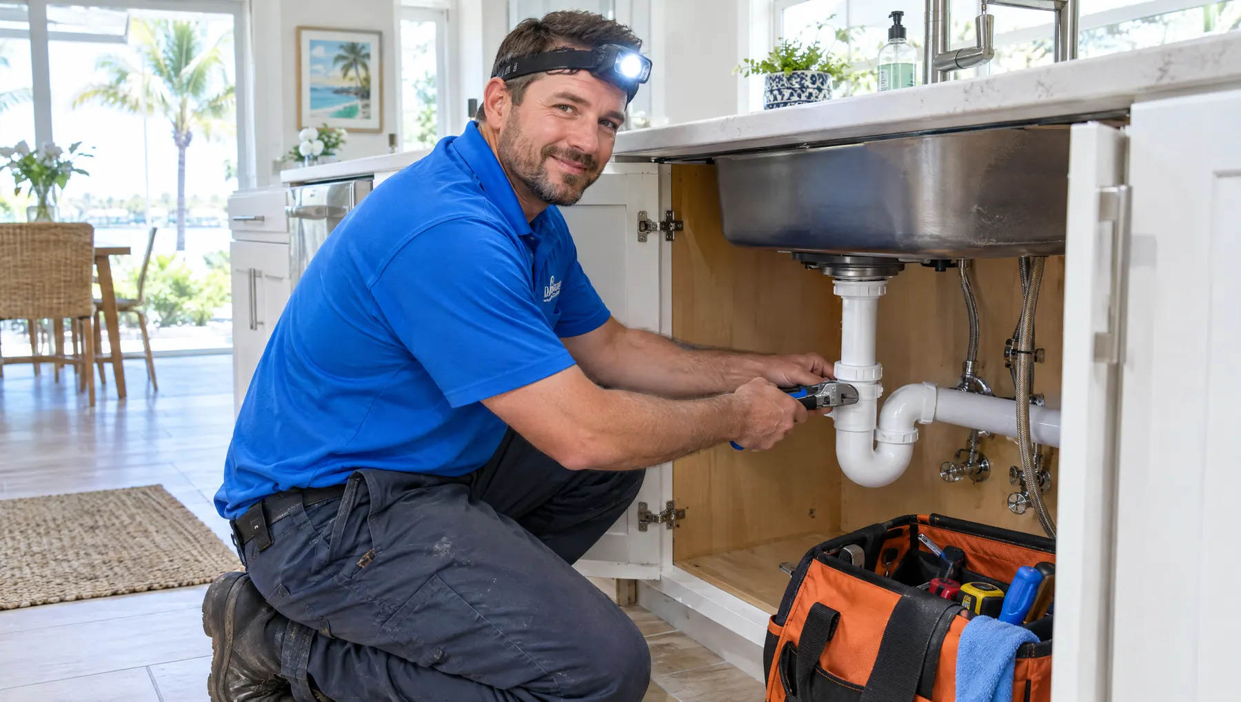 A Tidewell plumber fixes the drain under a kitchen sink