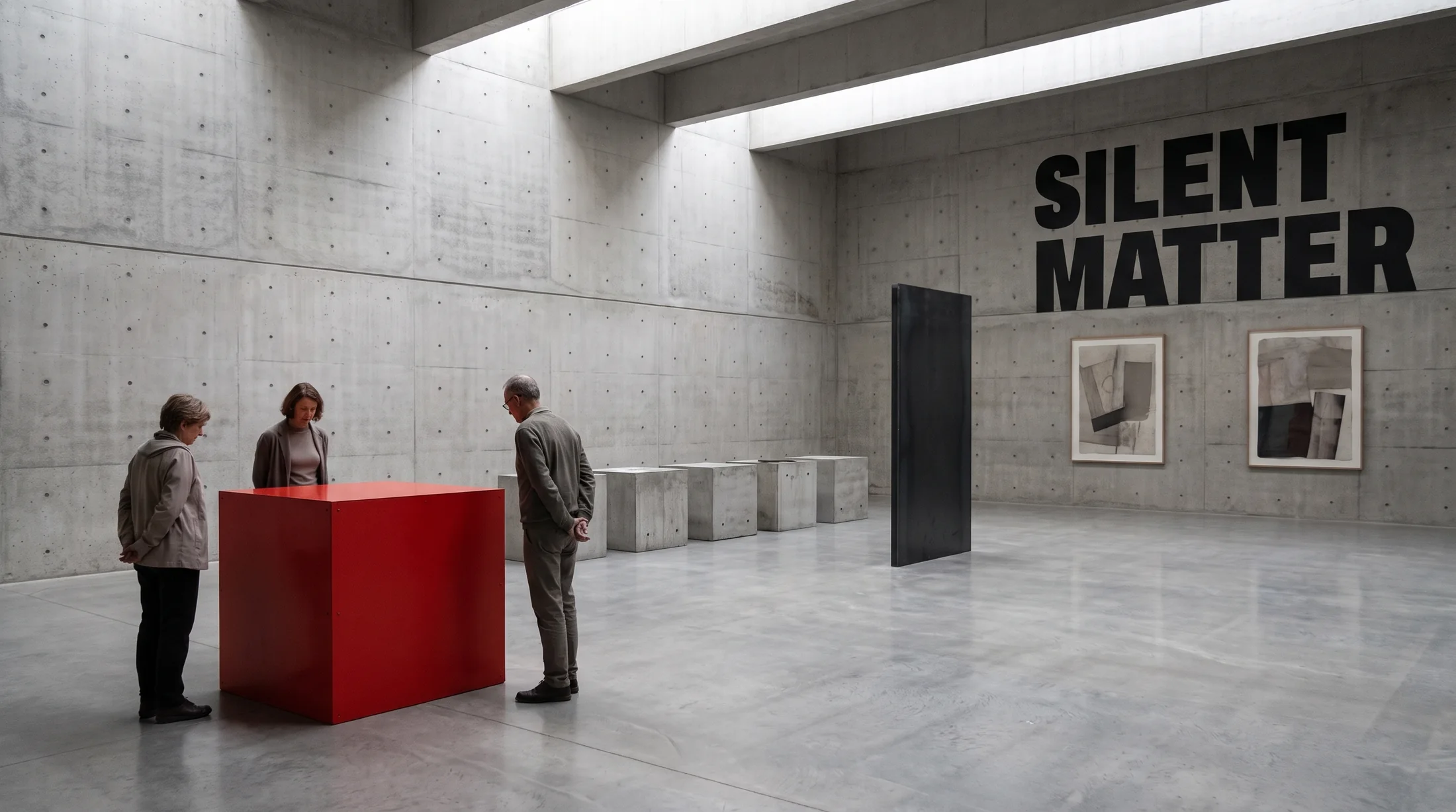 Installation view of Silent Matter: a red cube, concrete forms and a black steel slab in a skylit hall