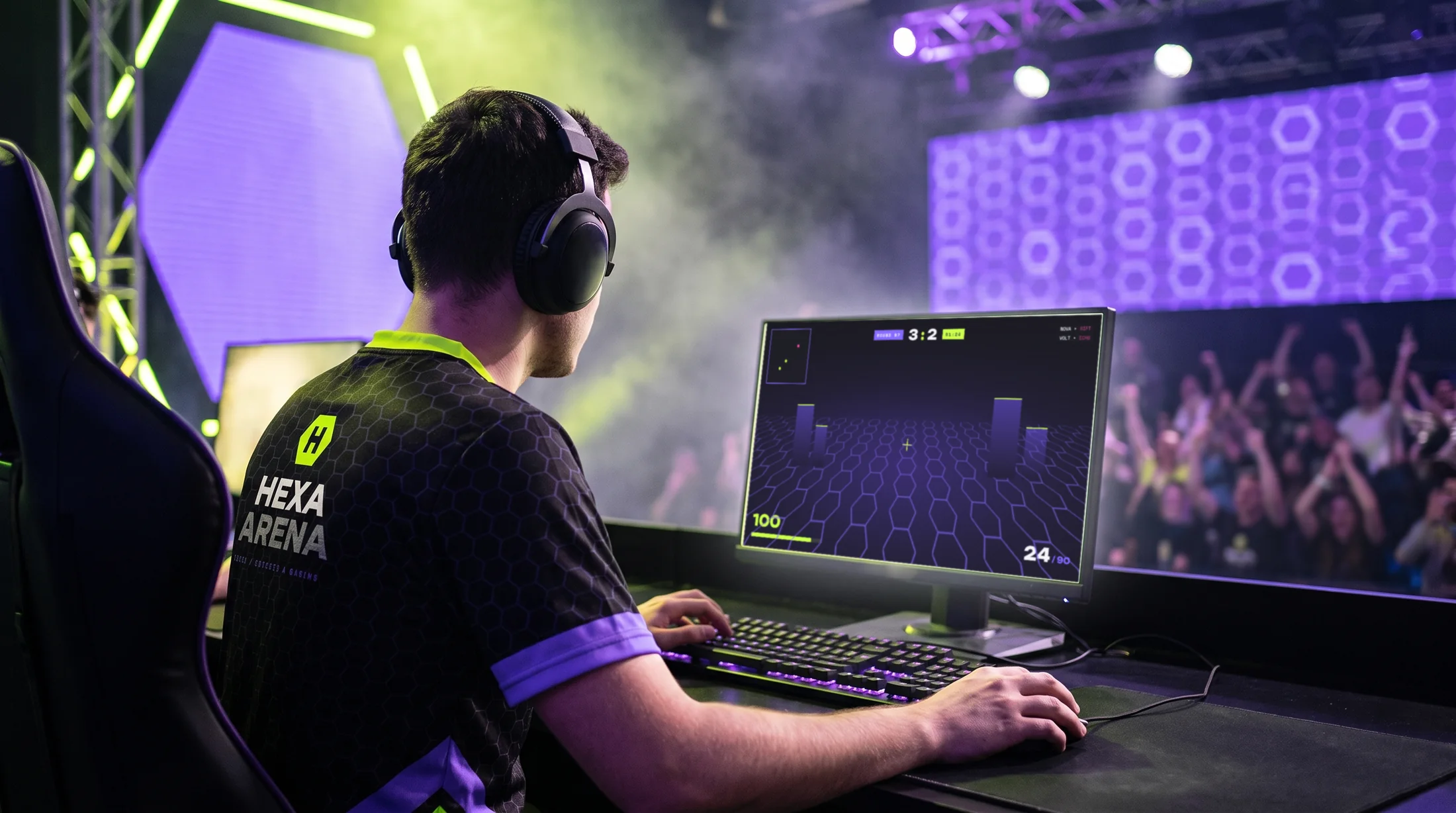 A player in the Hexa Arena jersey practising on stage